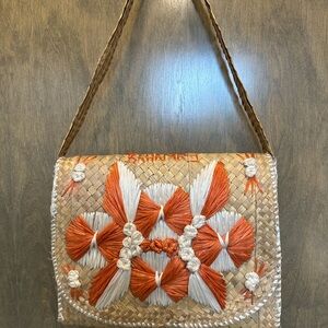 Vintage Bahamas Straw Market Woven Bag with Orange and White Accents